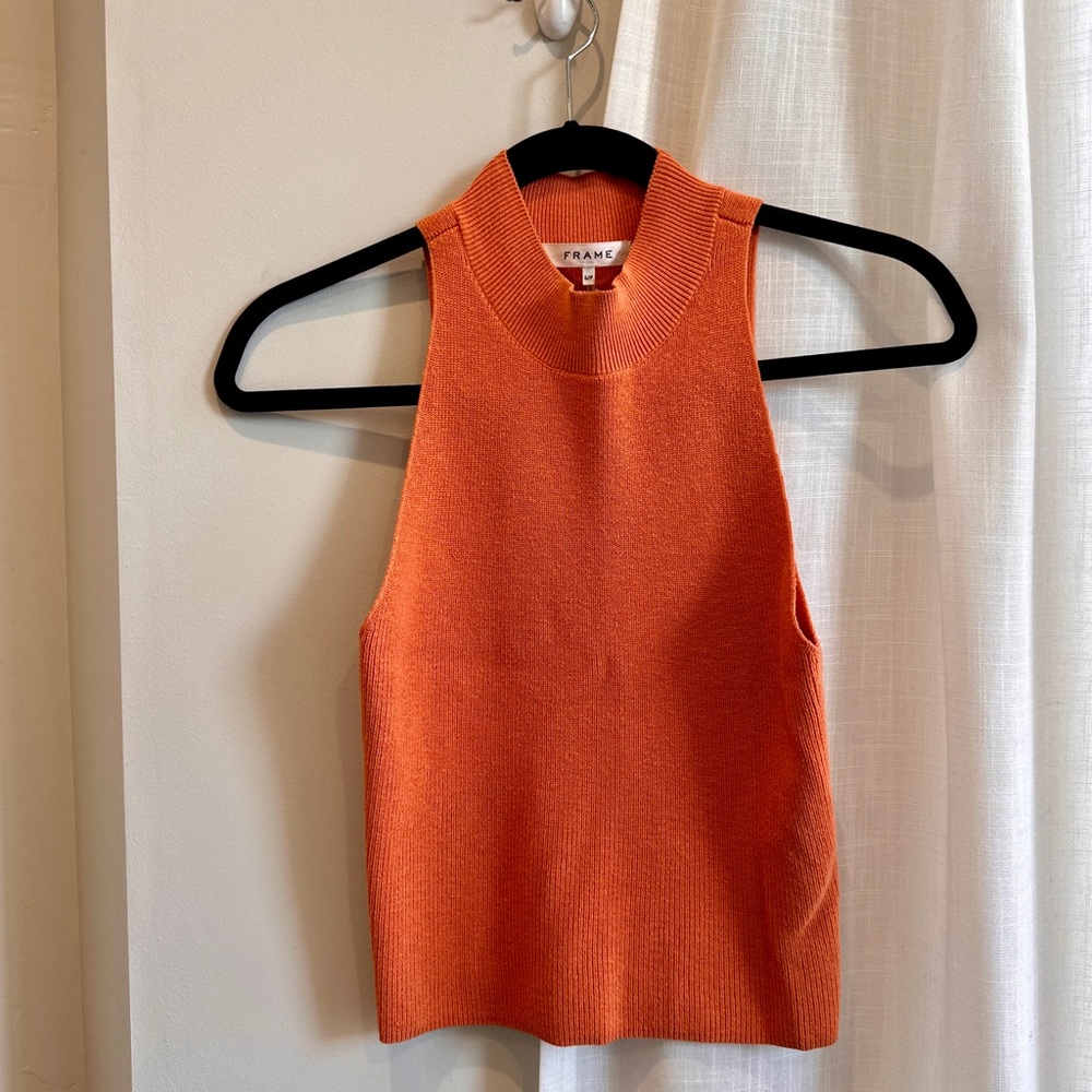 Women’s Frame Silk Cotton Orange Knit Tank Top Mock Turtleneck NWOT Size Small